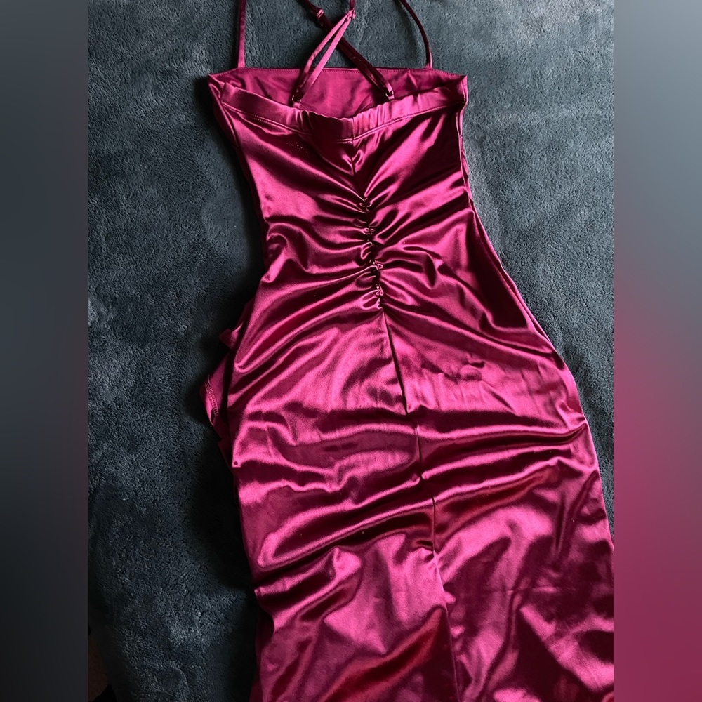 Burgundy Satin Cascade Ruffle Dress